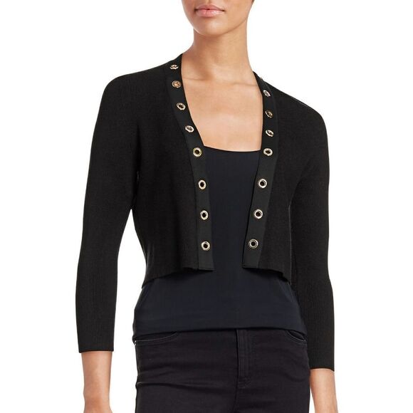 New! CALVIN KLEIN Women's Grommet Black Cropped Cardigan Shrug Sweater - Picture 7 of 8